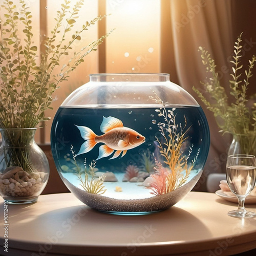 An illustration of a fish in a small tank in crystal clear water photo