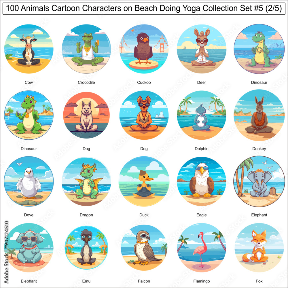 Colorful Cartoon Characters Animals on Beach Doing Yoga Bundle Collection Set of 100 Animals Part 2 Colorful Cartoon Characters Animals on Beach Doing Yoga Bundle Collection Set of 100 Animals Part 2