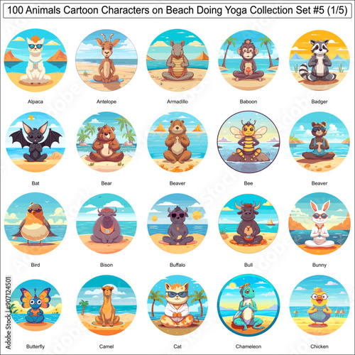 Colorful Cartoon Characters Animals on Beach Doing Yoga Bundle Collection Set of 100 Animals Part 1