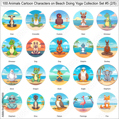 Colorful Cartoon Characters Animals on Beach Doing Yoga Bundle Collection Set of 100 Animals Part 2