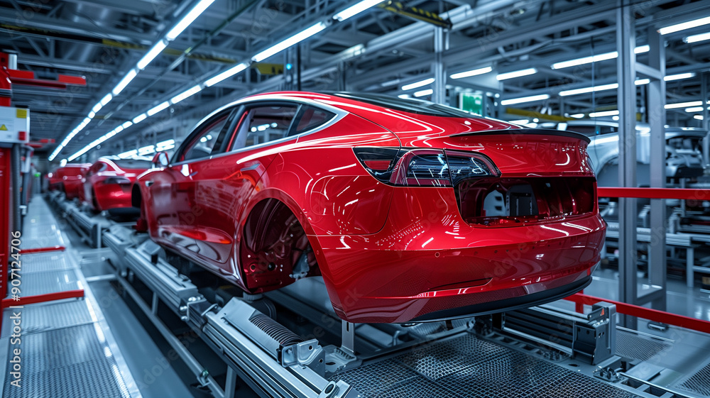 A red car body frame in automotive factory with automated production equipment
A red car body frame in automotive factory with automated production equipment