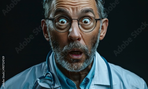 Portrait of a Surprised Professional Doctor with an Expression of Amazement on a Black Background