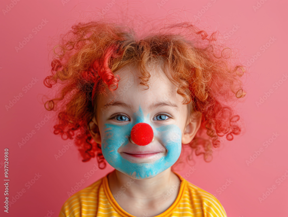 Portrait child funny clown disguise curly wig red nose, making funny face against colored background Portrait child funny clown disguise curly wig red nose, making funny face against colored background