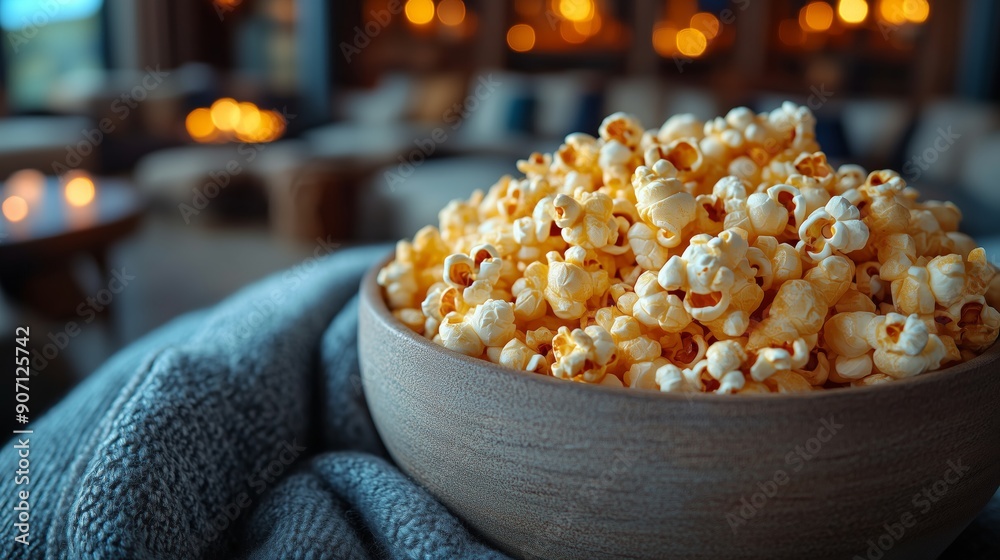 Popcorn on a chair in the theater hall in a fun contrast between the elegant setting and the casual snack. A bowl of popcorn on a chair. Popcorn on a chair in the theater hall in a fun contrast between the elegant setting and the casual snack. A bowl of popcorn on a chair.