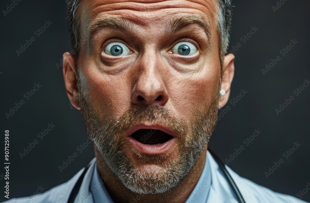 Portrait of a Surprised Professional Doctor with an Expression of Amazement on a Black Background