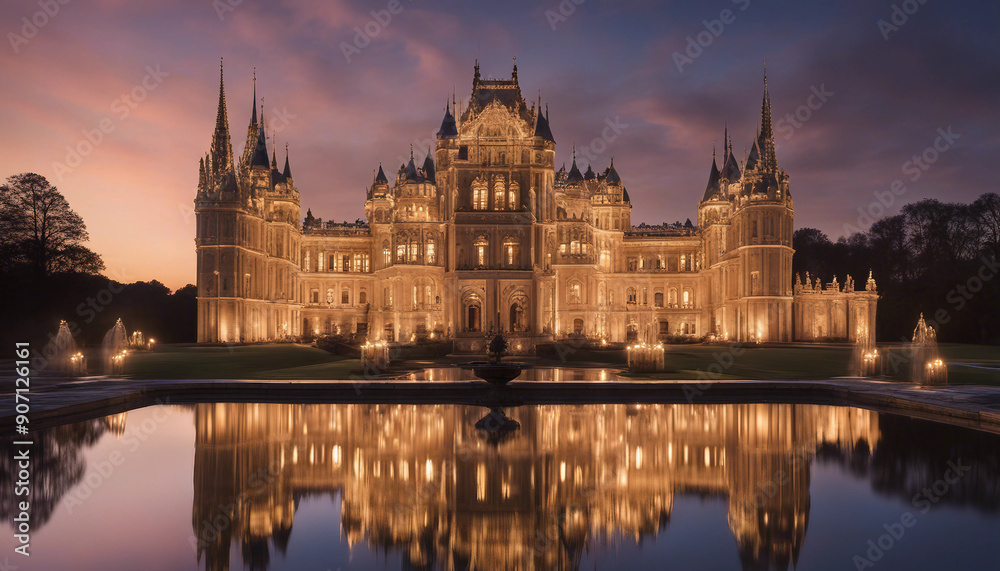 An opulent palace with towering spires and graceful arches, glowing softly in the evening light, surrounded by a tranquil water feature that mirrors its intricate details and grandeur.
An opulent palace with towering spires and graceful arches, glowing softly in the evening light, surrounded by a tranquil water feature that mirrors its intricate details and grandeur.