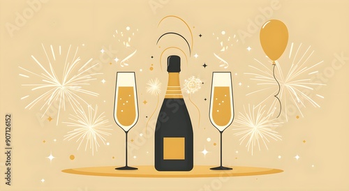 Gold New Year's celebration card or poster. The illustration Chinese New Year with fireworks, balloons, champagne celebration