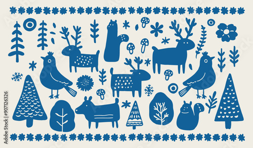 Scandinavian Folk Animals Folklore Raindeer Navy Blue And White Doodle Set Vector Illustration