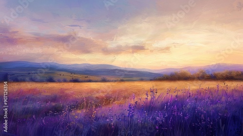 Tranquil Sunset over Lavender Fields