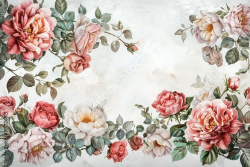 Vintage watercolor floral frame with elegant roses and peonies on white background