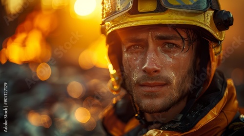 Firefighter in gear with a determined expression - generative ai