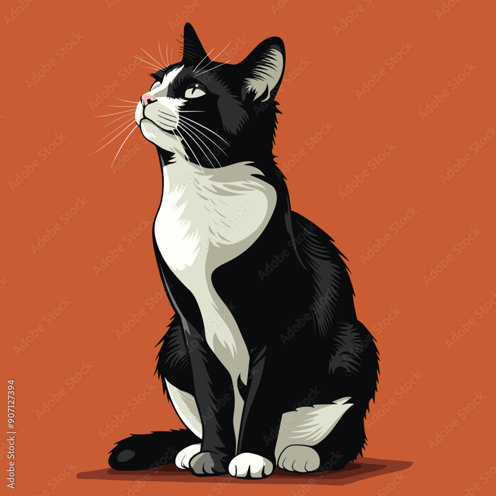 Black white tuxedo cat sitting, looking upward against orange background. Tuxedo feline striking contrast, whiskers prominent, attentive gaze. Elegant domestic cat, stylized fur, graphic