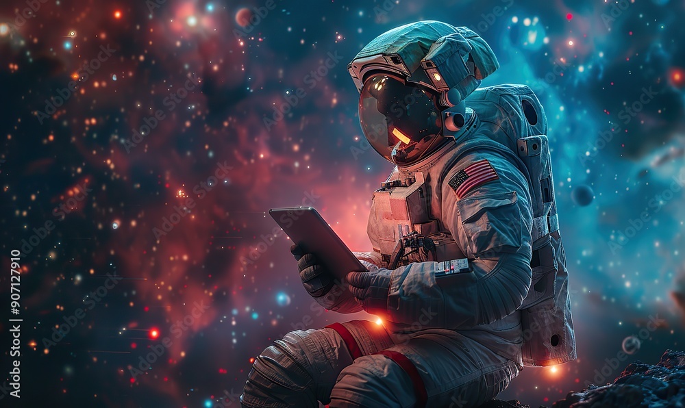 An astronaut holds a tablet in profile view while floating in outer space. An astronaut holds a tablet in profile view while floating in outer space.
