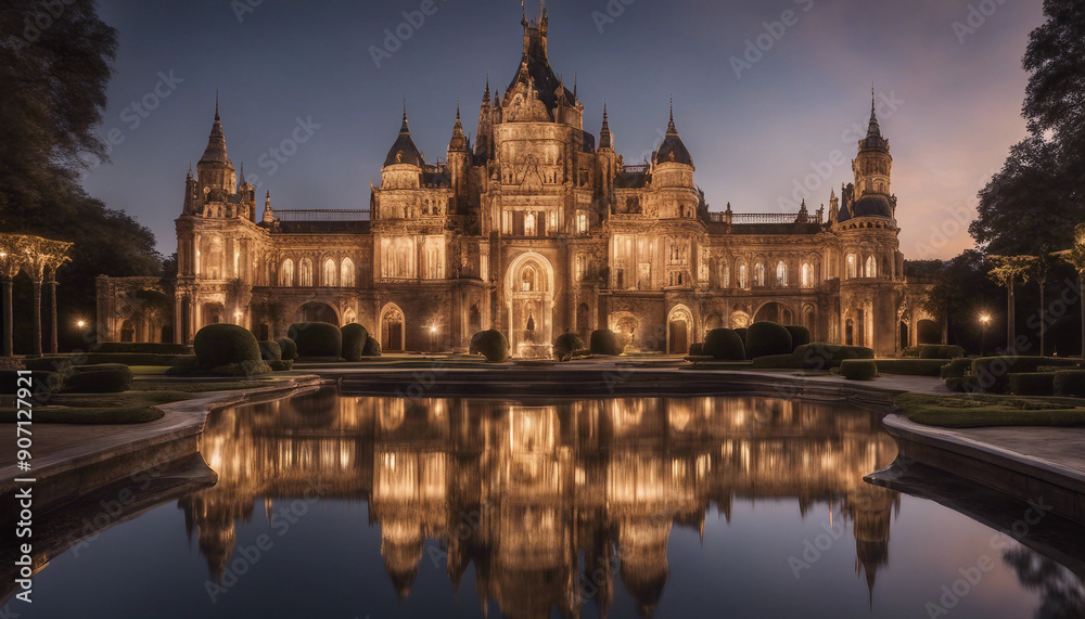 An opulent palace with towering spires and graceful arches, glowing softly in the evening light, surrounded by a tranquil water feature that mirrors its intricate details and grandeur.
An opulent palace with towering spires and graceful arches, glowing softly in the evening light, surrounded by a tranquil water feature that mirrors its intricate details and grandeur.