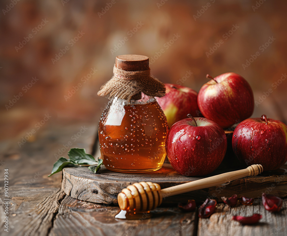 Still life with apples. Rosh Hashanah table bright display apples, honey, pomegranates and shofar Still life with apples. Rosh Hashanah table bright display apples, honey, pomegranates and shofar