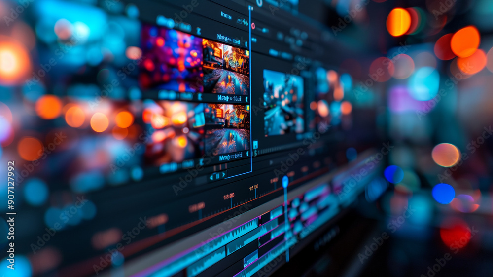 A computer monitor that displays a video editing timeline with various video clips arranged sequentially A computer monitor that displays a video editing timeline with various video clips arranged sequentially