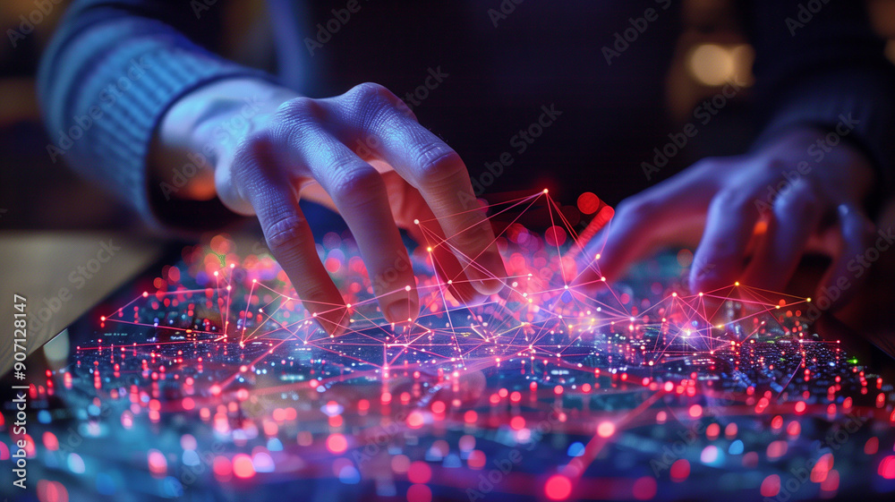 Close-up of a hand touching a glowing tablet connected to a social media network Close-up of a hand touching a glowing tablet connected to a social media network