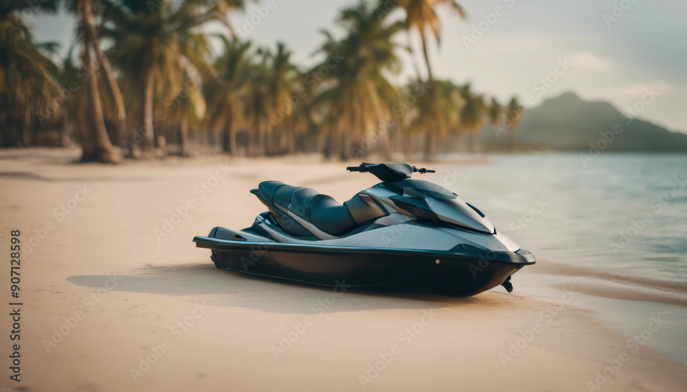 Close-up of a jet ski parked on a sandy beach with tropical palm trees,
Close-up of a jet ski parked on a sandy beach with tropical palm trees,