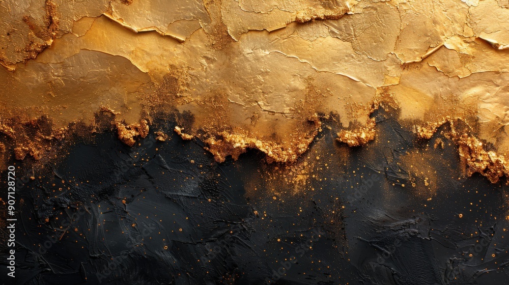 An elegant gold background showcasing glitter and metallic foil textures. The design includes abstract paint splashes and torn paper effects, creating a vintage and artistic feel with grunge elements An elegant gold background showcasing glitter and metallic foil textures. The design includes abstract paint splashes and torn paper effects, creating a vintage and artistic feel with grunge elements