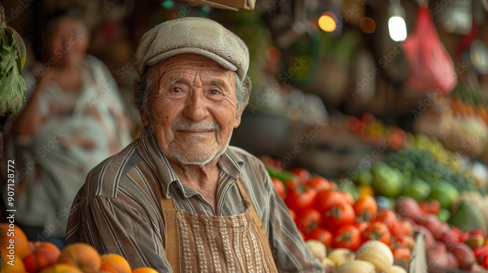 Elderly vendor smiling at fresh produce market - generative ai Elderly vendor smiling at fresh produce market - generative ai
