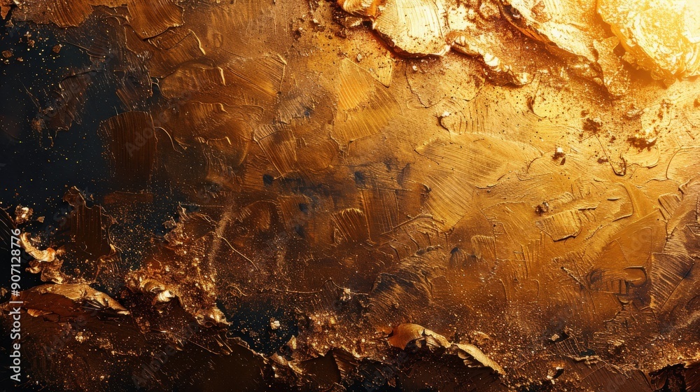 A sophisticated gold background with abstract brush strokes and glitter. The design features metallic foil and paper textures, adding a grunge and vintage touch with artistic elements A sophisticated gold background with abstract brush strokes and glitter. The design features metallic foil and paper textures, adding a grunge and vintage touch with artistic elements