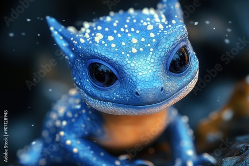 High-Resolution Portrait of a Glowing Blue Alien Animal with Spiky Scales and Black Eyes on a Dark Background