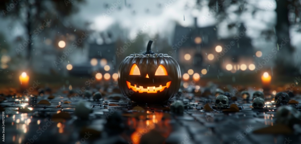 Fototapeta premium Haunting Pumpkin With Grinning Face Near Scattered Skulls at Twilight by Haunted House