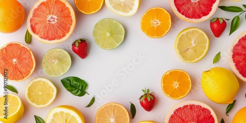 Fototapeta Naklejka Na Ścianę i Meble -  Colorful Arrangement of Fresh Citrus Fruits and Berries on White Background