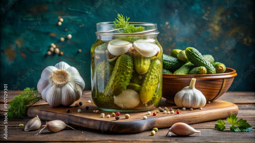 A classic Polish delicacy, crunchy pickled cucumbers infused with pungent horseradish and garlic, perfectly preserved in a large glass jar with ample copy space. A classic Polish delicacy, crunchy pickled cucumbers infused with pungent horseradish and garlic, perfectly preserved in a large glass jar with ample copy space.