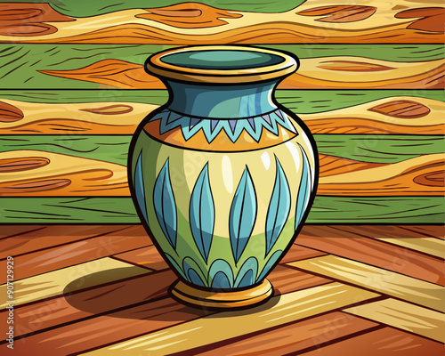 cartoon vector illustration of empty ceramic antique vase , isolated wooden brown background