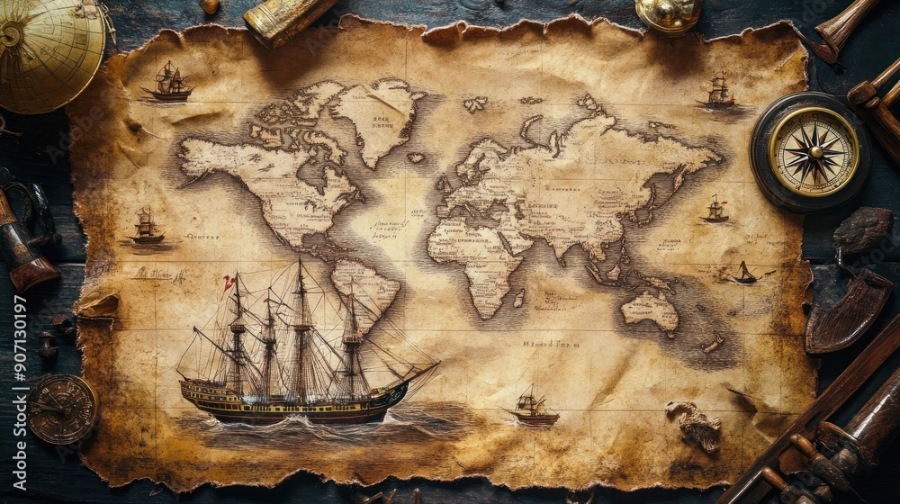 Vintage World Map with Ship and Nautical Instruments Stock Illustration ...