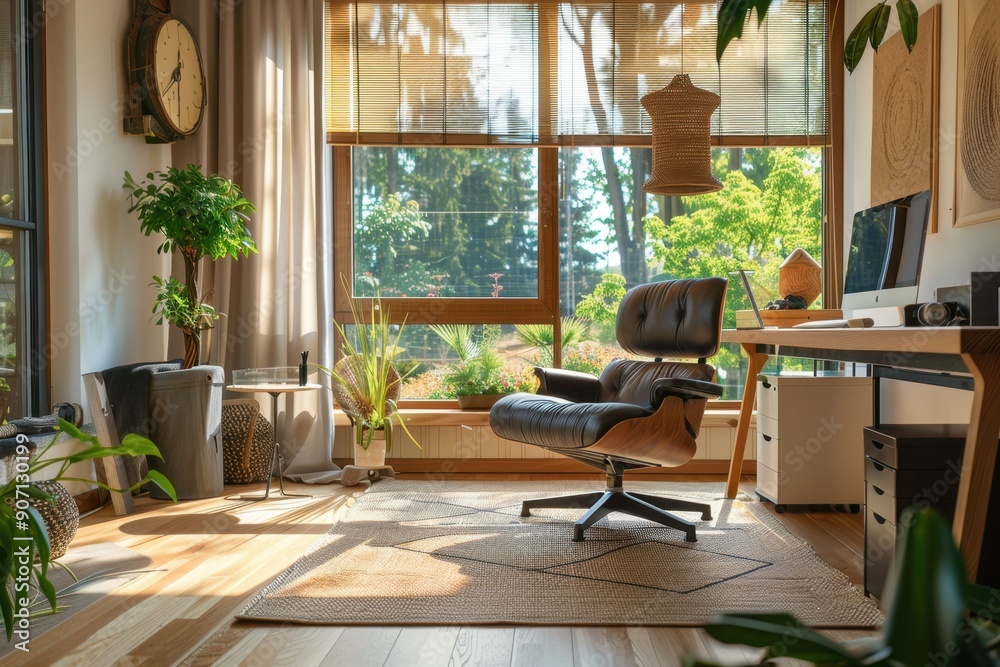 Cozy minimalist home office with ergonomic chair and garden view