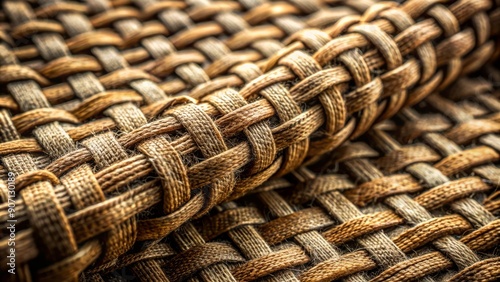 Close-up of a rugged, woven fabric with a intricate pattern, featuring a rough, matte finish and a subtle sheen, evoking a sense of durability and protection. photo