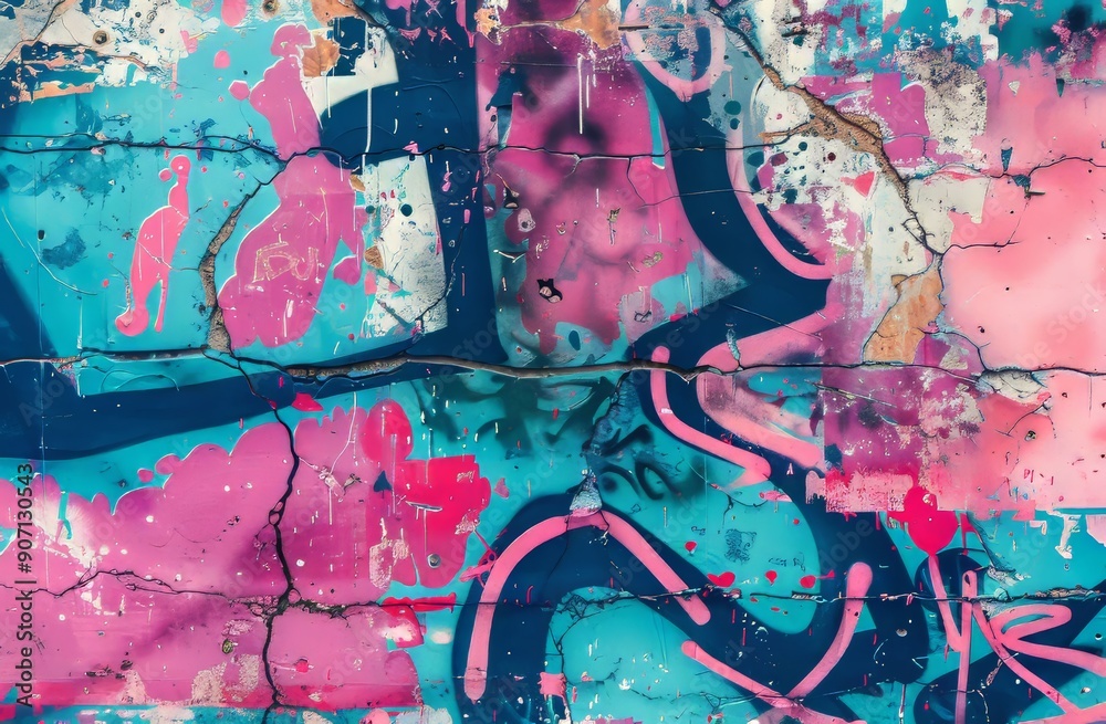 Angular part of a graffiti drawing on an old wall. Stains of paint on the wall in a street art style. Colored background texture in cold tones. Angular part of a graffiti drawing on an old wall. Stains of paint on the wall in a street art style. Colored background texture in cold tones.