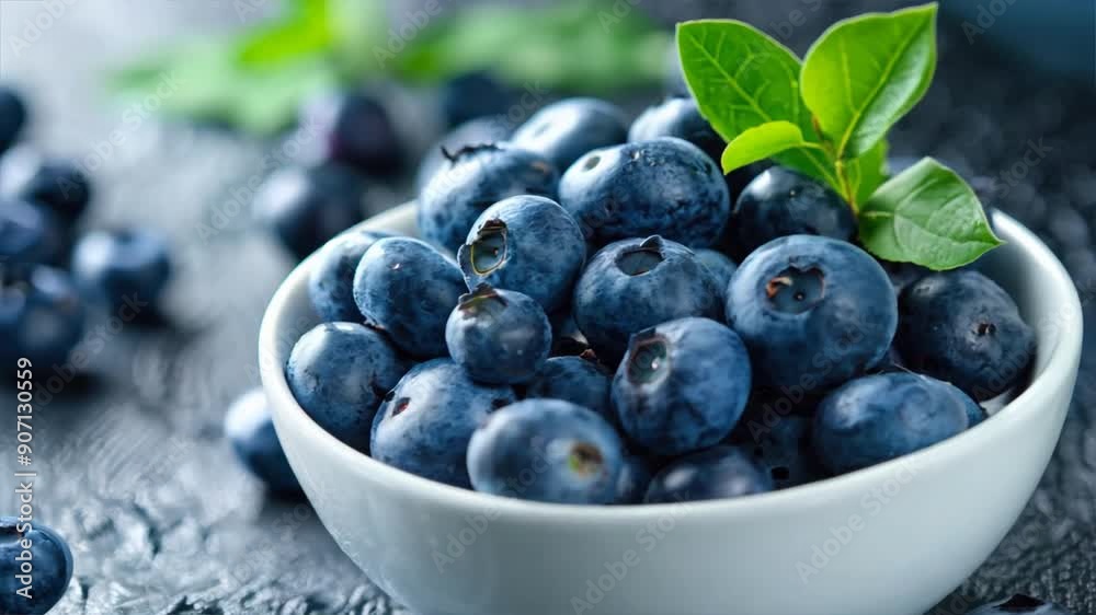 bowl of fresh blueberries, with a few scattered on the table bowl of fresh blueberries, with a few scattered on the table