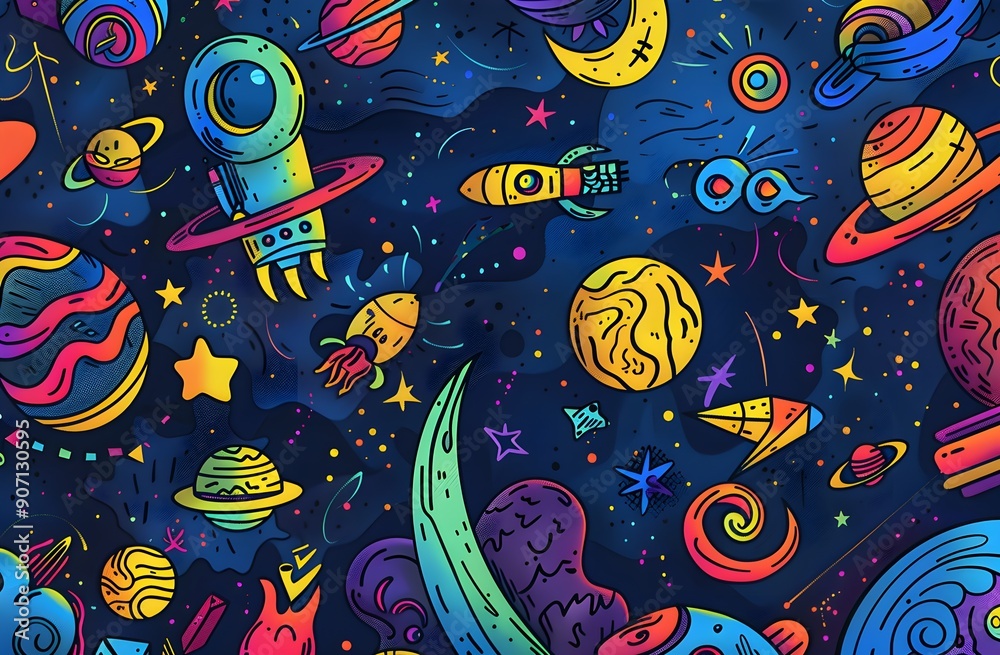Fototapeta premium illustration of Space background various space-themed doodles, including astronauts in spacesuits, planets wall art, showcasing an adventurous theme