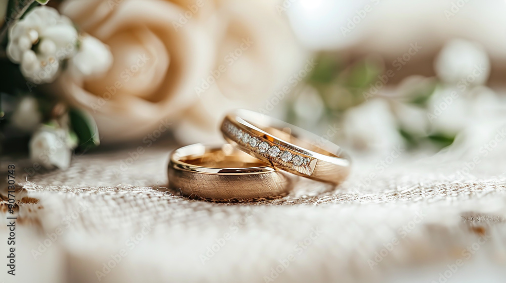 Two classic gold rings, defocused background light surface surrounded flowers. Wedding composition Two classic gold rings, defocused background light surface surrounded flowers. Wedding composition