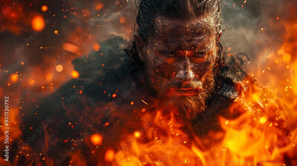Obraz premium Warrior in flames - intense portrait - generative ai