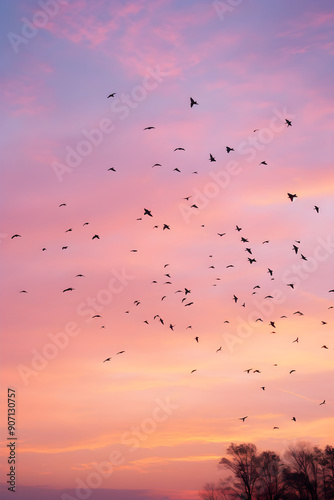 Silhouettes of Birds in Flight Against a Twilight Sky: An Image Capturing the Serenity and Freedom of Nature