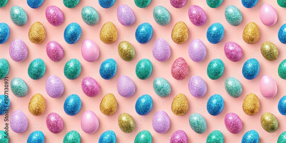 Vibrant Easter themed seamless pattern featuring glittery eggs in pastel colors on a soft pink background, perfect for designs requiring a clean copy space. Vibrant Easter themed seamless pattern featuring glittery eggs in pastel colors on a soft pink background, perfect for designs requiring a clean copy space.