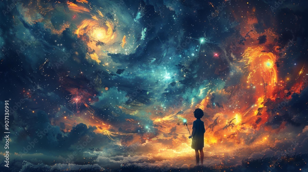 Child gazing at colorful starry sky - generative ai Child gazing at colorful starry sky - generative ai