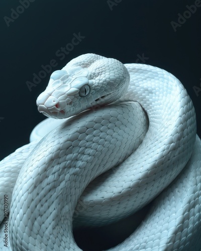 White Snake Coils Gracefully on Dark Background During Indoor Photoshoot