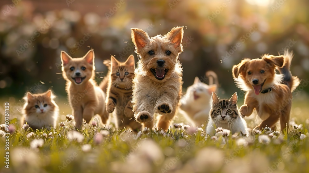 Adorable dogs and cats playing together in open field picture