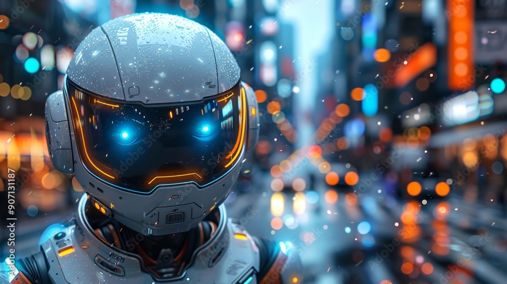 Futuristic robot in urban city with neon lights - generative ai Futuristic robot in urban city with neon lights - generative ai