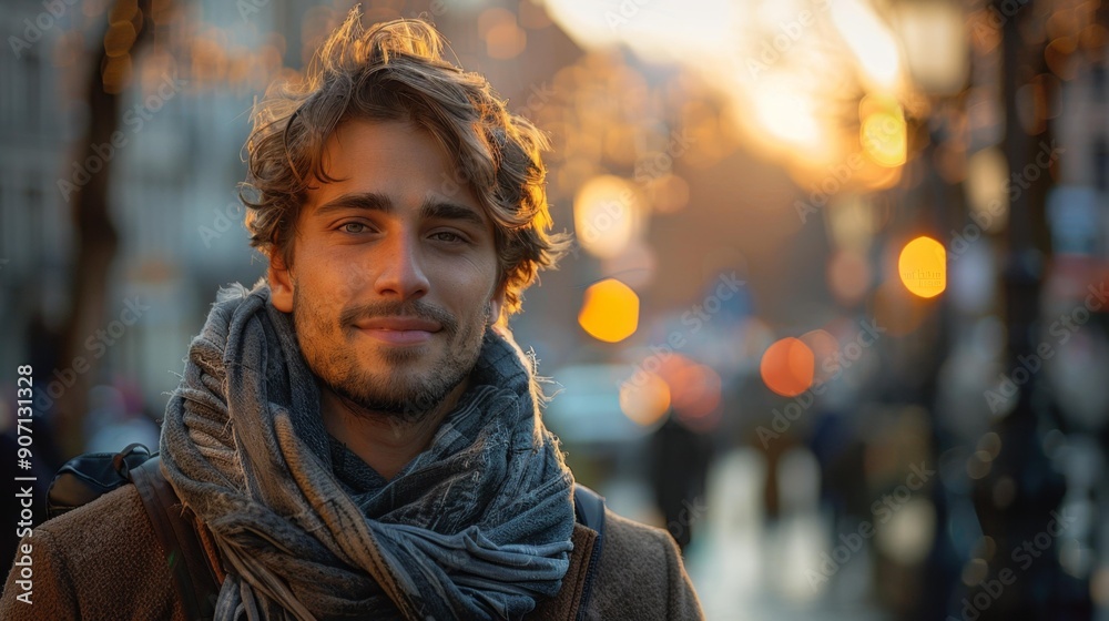 Portrait of a young man in a city street at sunset - generative ai Portrait of a young man in a city street at sunset - generative ai