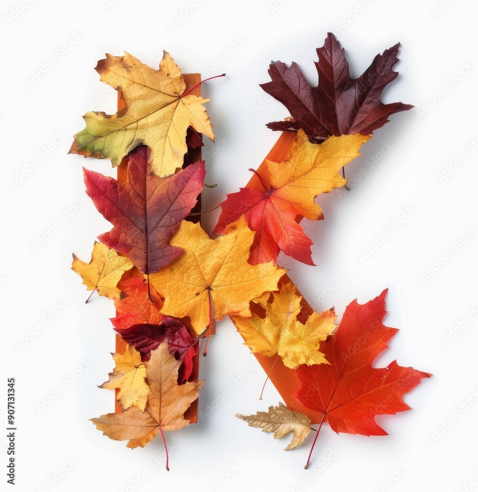 Fototapeta premium Colorful Autumn Leaves Forming The Letter K on a White Background