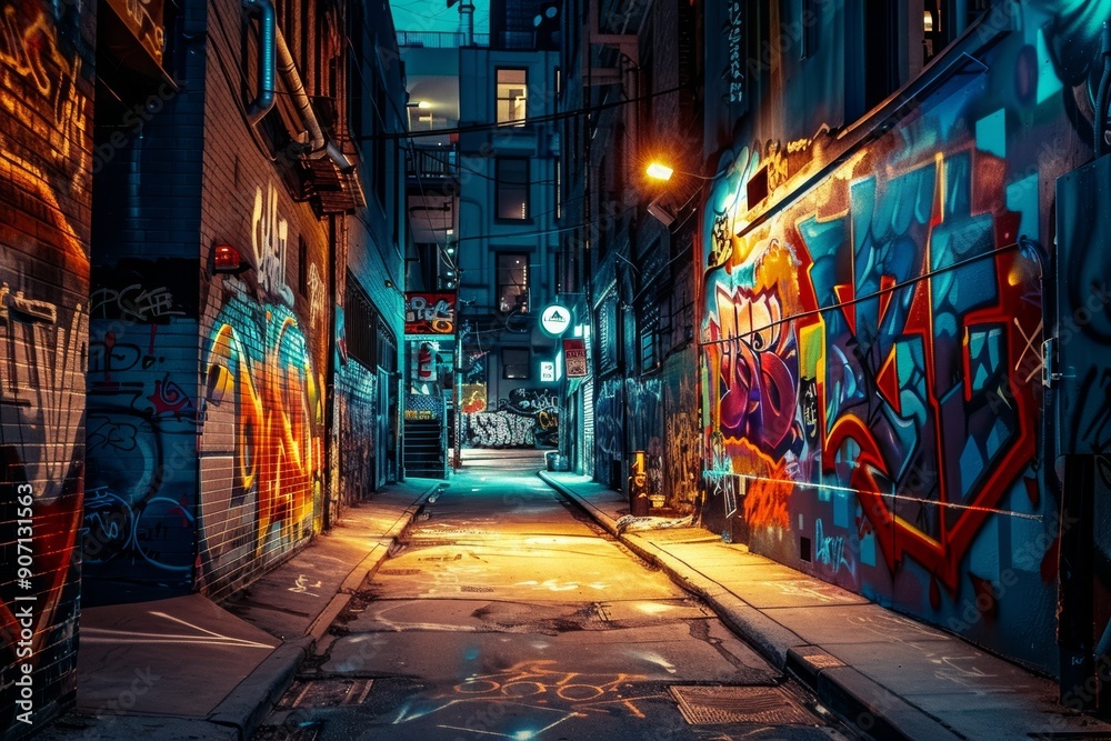 A nighttime photo of Graffiti Alley in Toronto's Fashion District A nighttime photo of Graffiti Alley in Toronto's Fashion District