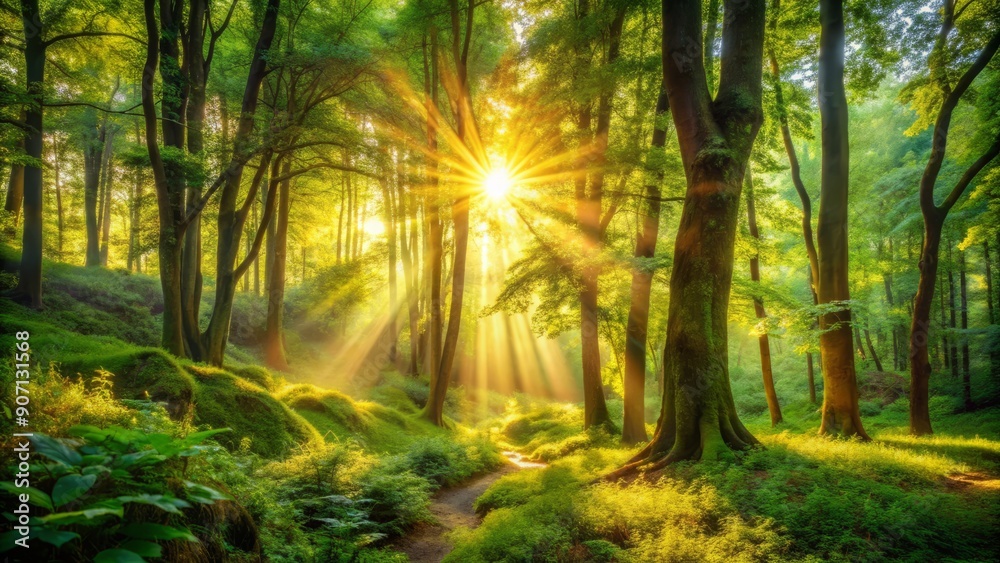 Fototapeta premium Warm sunlight filters through lush greenery, illuminating a tranquil forest landscape, evoking feelings of deep joy, calmness, and peaceful connection with nature.