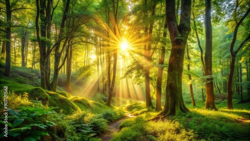 Warm sunlight filters through lush greenery, illuminating a tranquil forest landscape, evoking feelings of deep joy, calmness, and peaceful connection with nature.