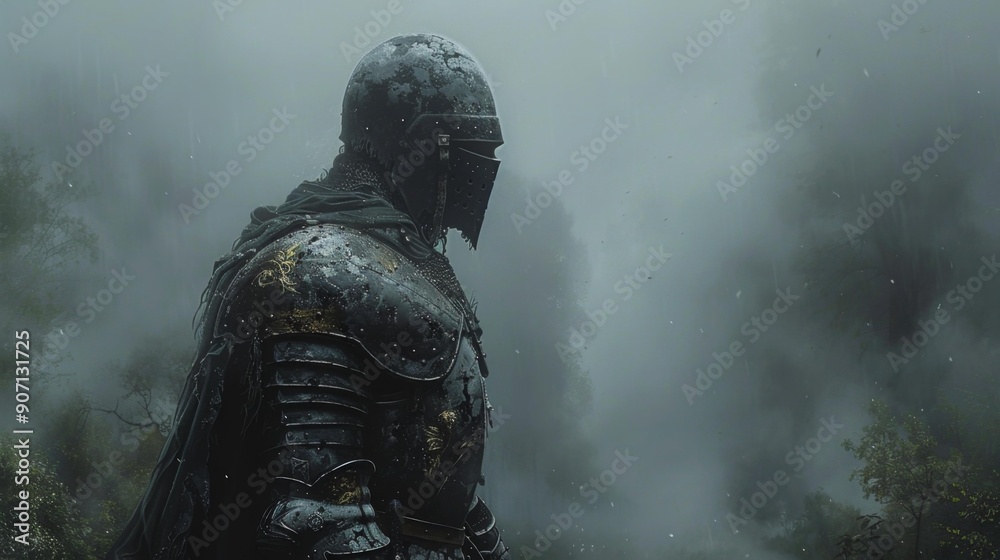 Fototapeta premium Mysterious knight in the foggy forest - generative ai